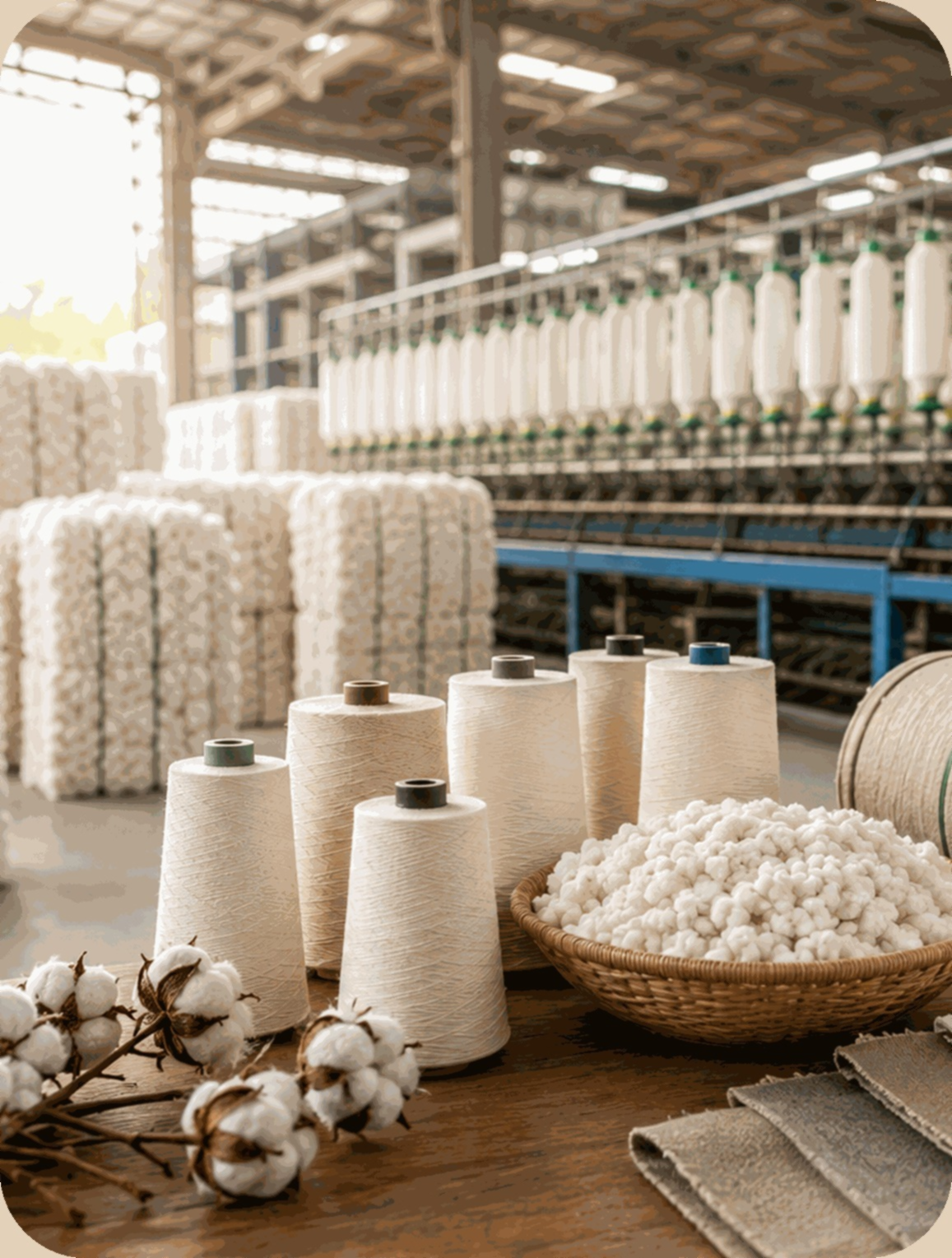 Cotton, yarn and finished material in a spinning mill